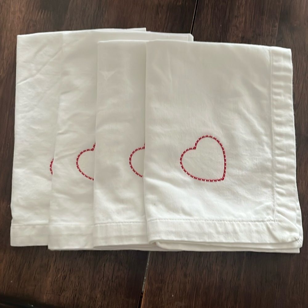 White Upcycled Square Napkins with Border Custom Home Heart Embroidery Set of 4